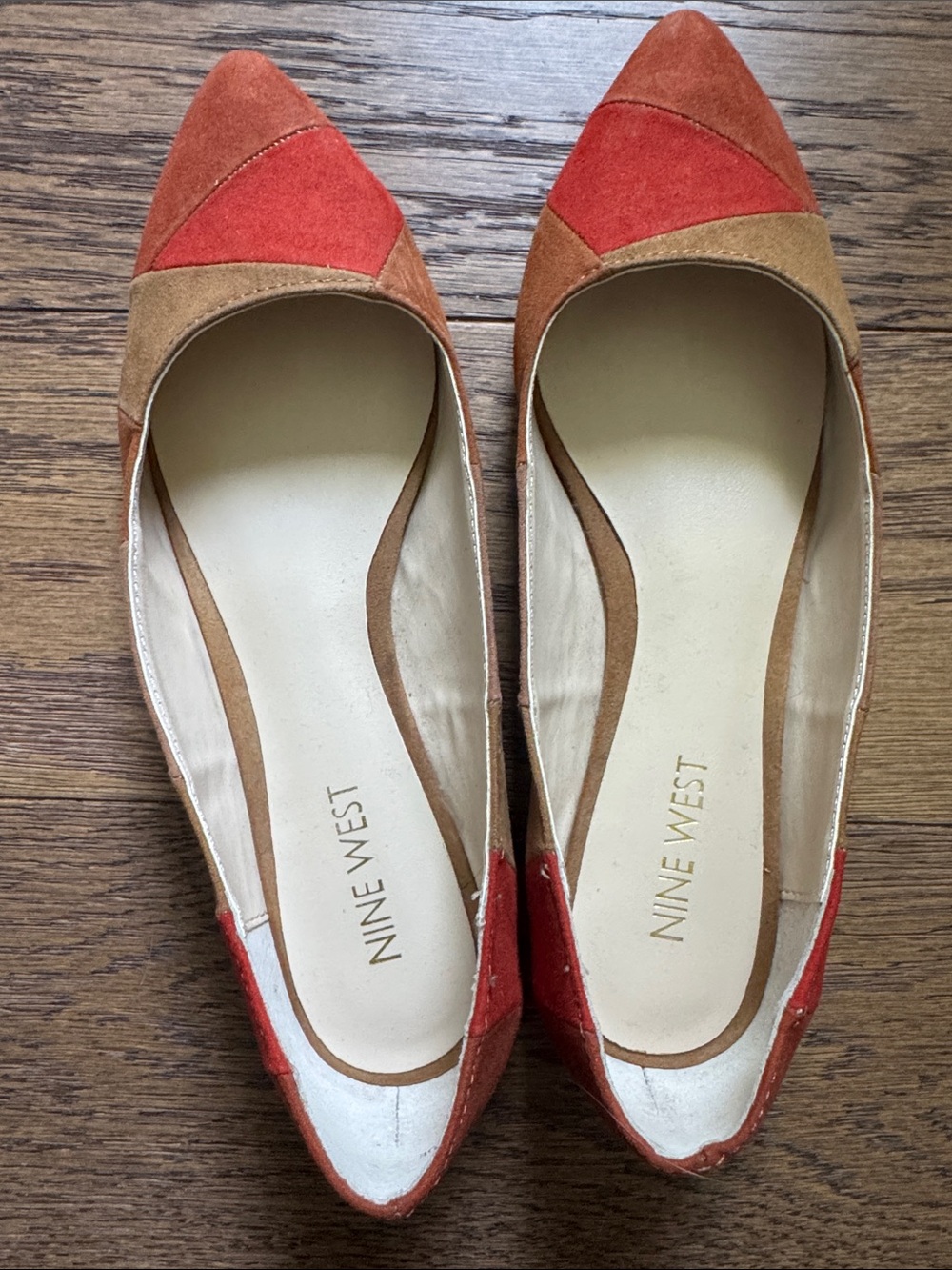 Nine West Red and Tan Suede Pointed Toe Flats